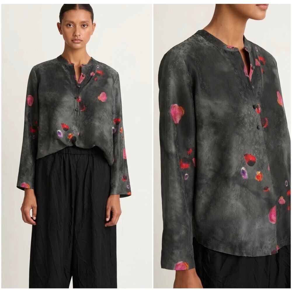 Raquel Allegra Perfect Henley Silk Button Down Blouse Black Petal 0 XS